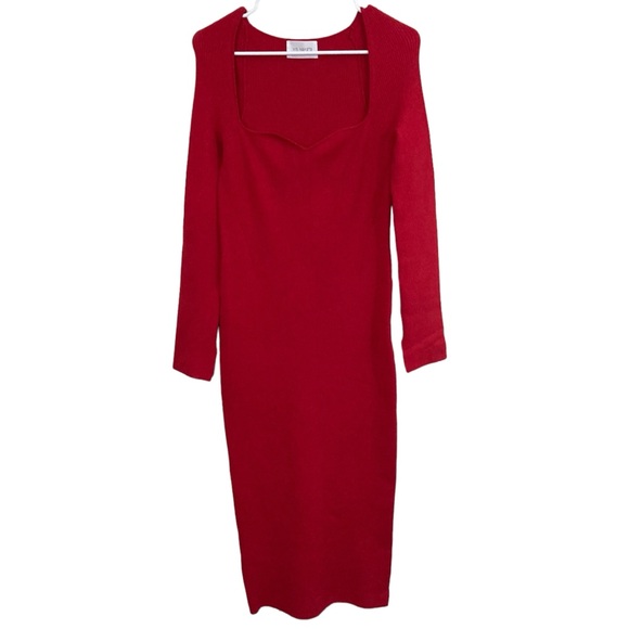 ELEVEN SIX RED RIBBED BODYCON SWEETHEART NECKLINE CASHMERE BLEND DRESS, LARGE - Picture 2 of 7